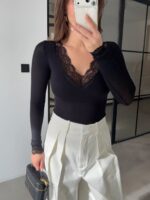 Black Lace V-Neck Long Sleeve Top - Image 2