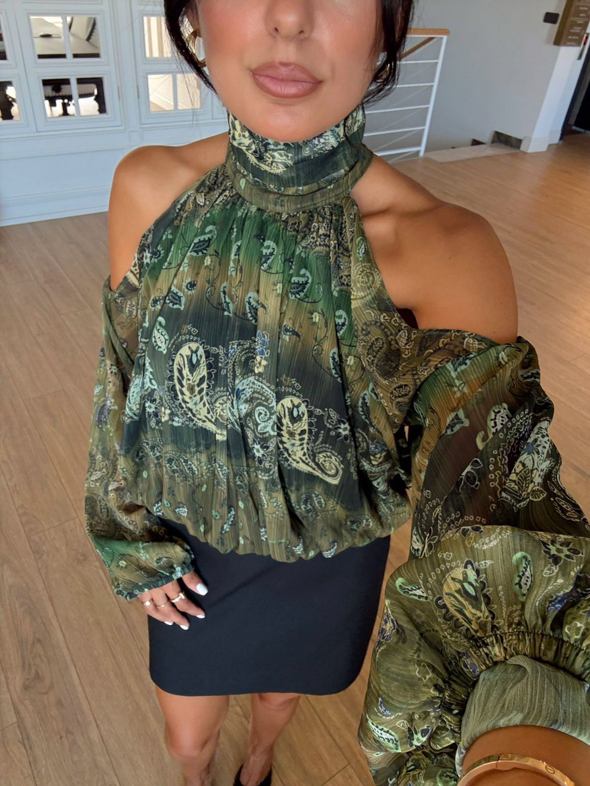 5f3668fe-b46f-44bf-8b03-42940327d3ab Green Paisley Cold Shoulder Blouse - Image 1