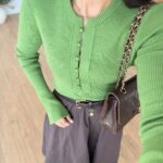 Green Ribbed Knit Button Top