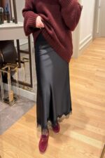 Black Satin Lace Trim Maxi Skirt - Image 2