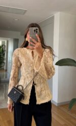 Beige Lace Floral Button-Up Blouse