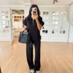 Women's Black Zip Collar Pant Set