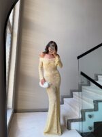 Off Shoulder Lace Ruched Beige Gown - Image 2