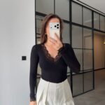 Black Lace V-Neck Long Sleeve Top