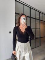 Black Lace V-Neck Long Sleeve Top