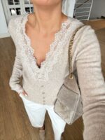 Beige Lace Trim Knit Cardigan - Image 3