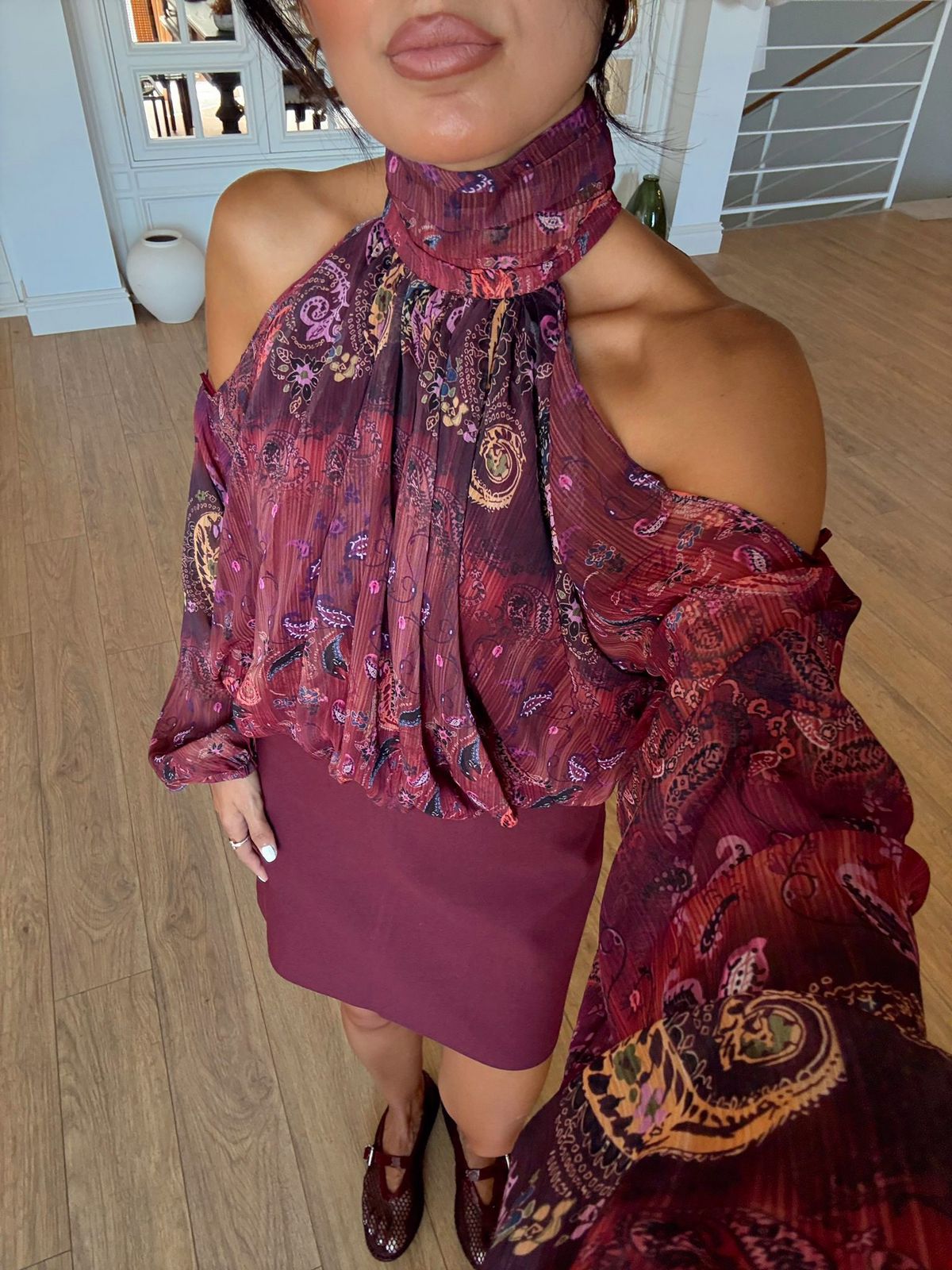 9fe682d9-fef6-4bfc-b536-31e6d8d546da Burgundy Paisley Cold Shoulder Blouse - Image 1