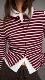 Burgundy and White Striped Cardigan - Image 2