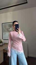 Pink Satin Lace Trim Blouse