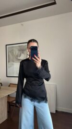 Black Satin Lace Trim Blouse