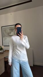 White Satin Lace Trim Blouse