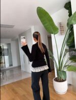 Black Cardigan With White Lace Trim - Image 3
