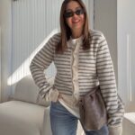 Beige and Grey Striped Knit Cardigan