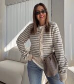 Beige and Grey Striped Knit Cardigan