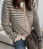 Beige and Grey Striped Knit Cardigan - Image 2