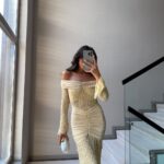 Off Shoulder Lace Ruched Beige Gown