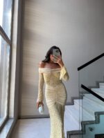 Off Shoulder Lace Ruched Beige Gown