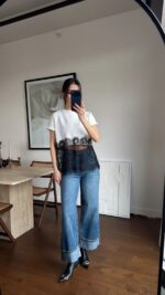 White Cropped T-Shirt With Black Lace Hem - Image 2