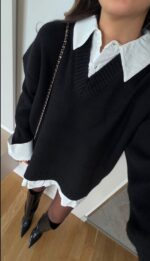 Black Oversized Sweater Dress With White Shirt - Image 4