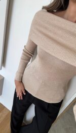 Beige Ribbed Off Shoulder Knit Sweater - Image 2