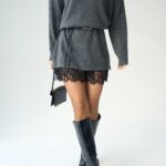 Black/Gray Knit Sweater Dress With Lace Hem