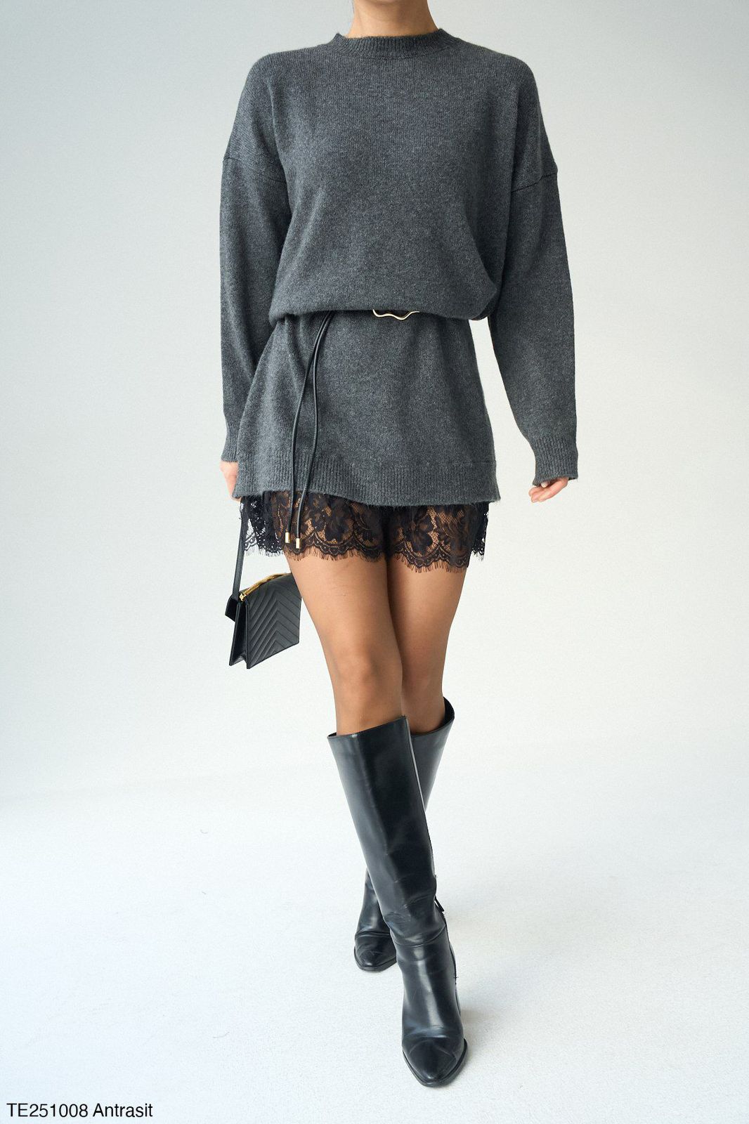 c199602b-8a98-4693-a1f4-10be82aee494 Black/Gray Knit Sweater Dress With Lace Hem - Image 1