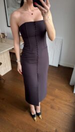 Strapless Brown Button Front Midi Dress - Image 2