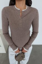 Brown Ribbed Button-Up Knit Top - Image 2