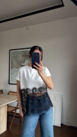 White Cropped T-Shirt With Black Lace Hem