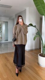 Black Satin Lace Trim Maxi Skirt