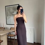 Strapless Brown Button Front Midi Dress