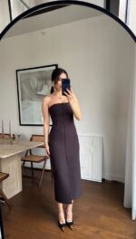 Strapless Brown Button Front Midi Dress