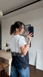 White Cropped T-Shirt With Black Lace Hem - Image 4