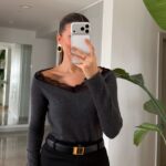 Dark Grey Lace Trim V-Neck Top
