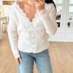 White Lace Trim Button Cardigan