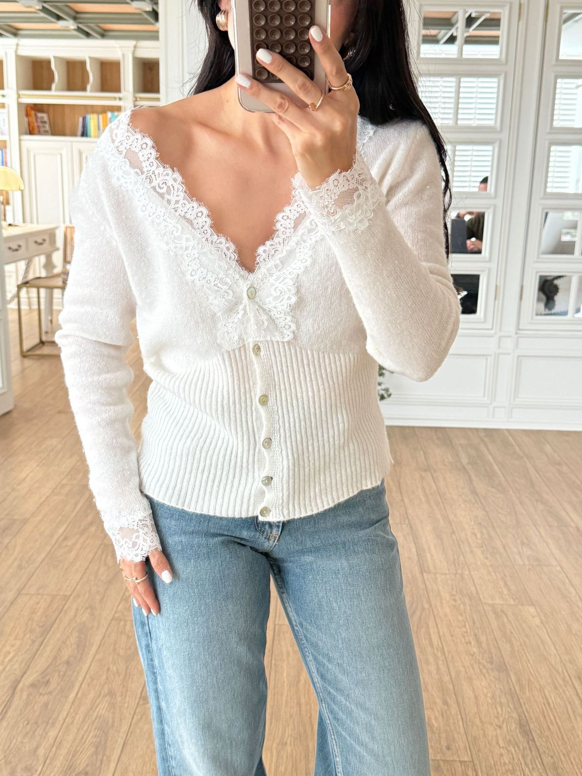 dfafb6aa-73dd-4106-9fe4-7feec1f6ee7a White Lace Trim Button Cardigan - Image 1