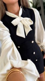 Black and White Bow Tie Mini Dress - Image 2