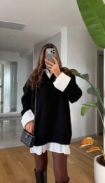 Black Oversized Sweater Dress With White Shirt - Image 2