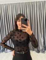 Black Sheer Mesh Bow Top