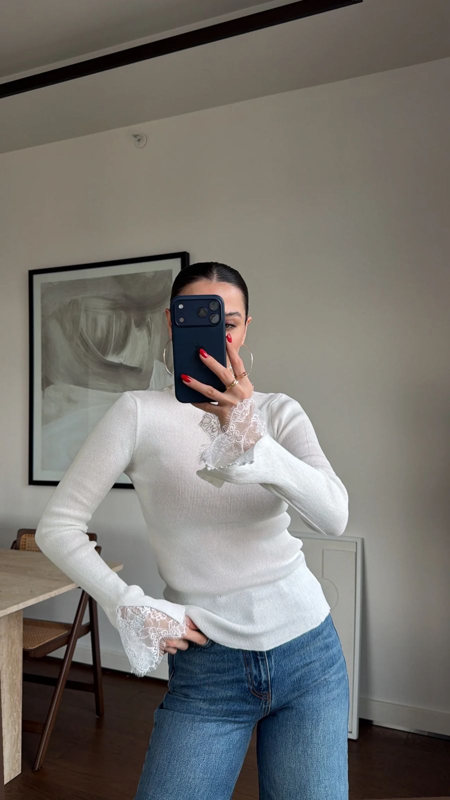 f84cbcc8-981e-4e32-a2c0-c20ba0487e67 White Knit Top With Lace Cuffs - Image 1