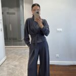 Women's Charcoal Belted Wide Leg Pantsuit