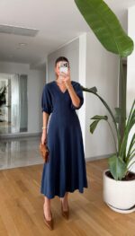 Navy Puff Sleeve Midi Dress - Image 4