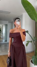 Burgundy Off Shoulder Polka Dot Dress - Image 2