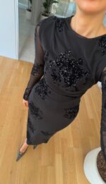 Black Sequin Mesh Long Sleeve Dress - Image 4