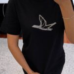 Black T-Shirt With Rhinestone Bird Design