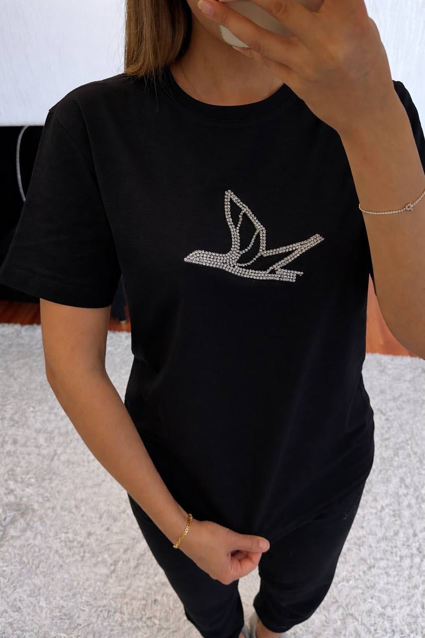 24503dfd-c84d-4189-aed8-ffb6b8592eb4 Black T-Shirt With Rhinestone Bird Design - Image 1