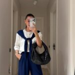 Navy and White Wide Leg Pants Set