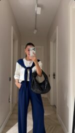 Navy and White Wide Leg Pants Set