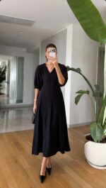 Black Puff Sleeve Midi Dress