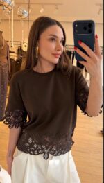 Brown Lace Trim Short Sleeve Top